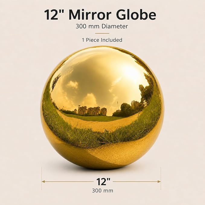 Gazing Ball Garden Mirror Outdoor - 12 Inch Outside Decorative Globe, Gold | Metal Polished Reflective Sphere, Stainless Steel Hollow Decoration Ornament for Home Pond Swimming Pool Housewarming Gift
