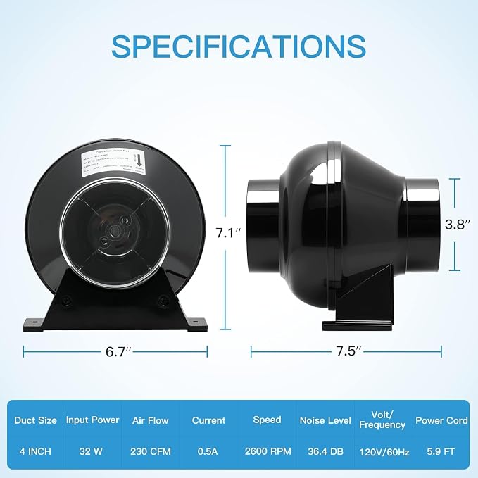 iPower 4 Inch 195 CFM Inline Fan, Air Carbon Filter, 8 Feet PVC Ducting, Speed Controller, Rope Hanger, Vent Exhaust for Grow Tent Ventilation