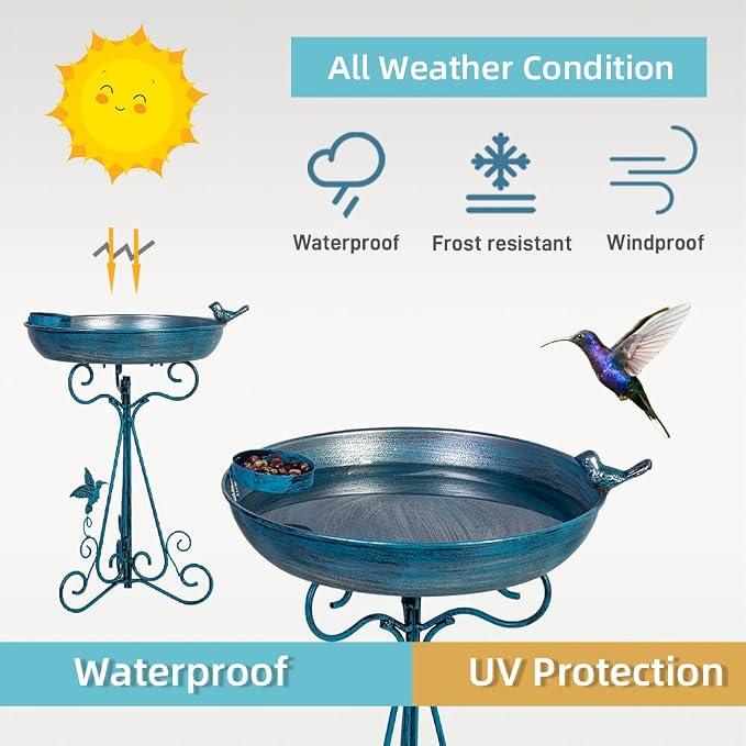 DREAMSOUL Blue Bird Bath Stand, 12" Dia Bird Bath for Outside Metal Birdbath with Folding Bracket for Patio Lawn Garden Decor