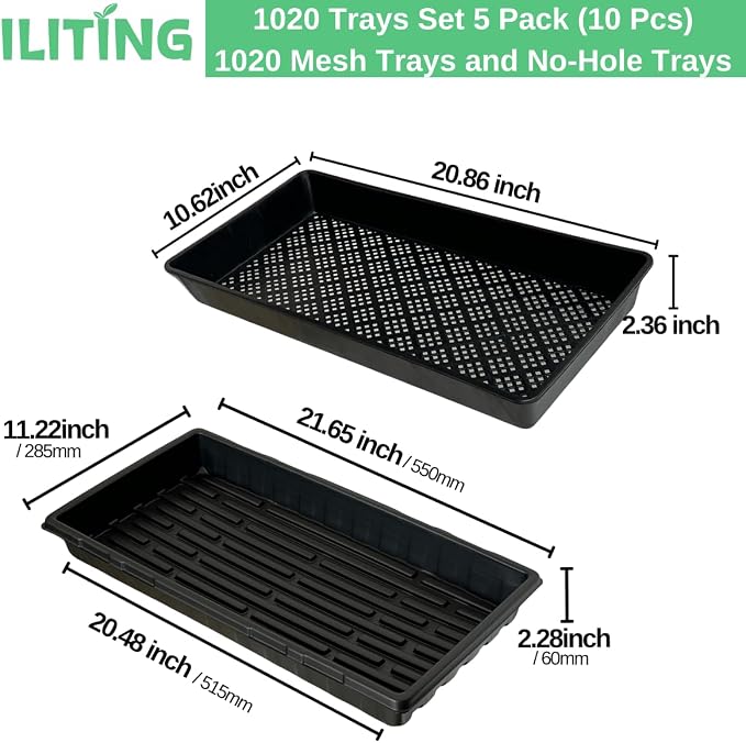 1020 Trays Set - 5 Pack (10 Pcs) Durable 1020 Mesh Tray and No-Hole Tray, Ideal Soil Blocking Trays for Seedlings, Microgreens, and Hydroponics, Heavy-Duty