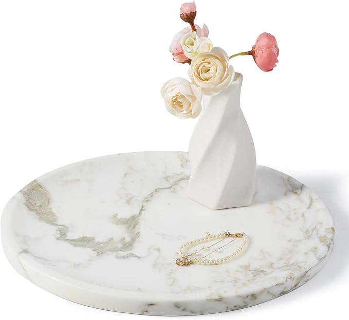 Karibiber Marble Serving Tray, 11.8in Round Vanity Tray for Bathroom Countertop, Calacatta Candle Holder for Coffee Table/Kitchen, Stone Home Decorative Catchall Tray for Perfume
