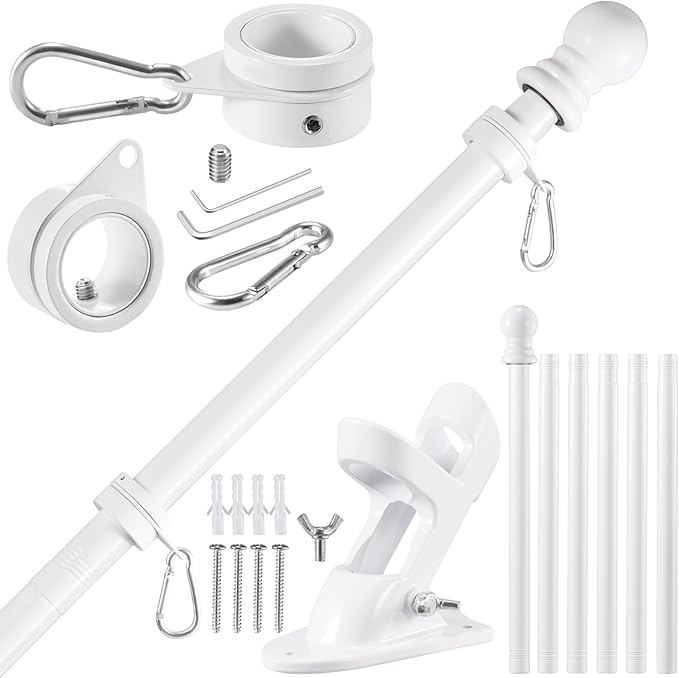 BONWIN White Flag Pole Kit for Outside House, 7FT Thickened Stainless Steel Wall Mount Flag Pole for 3x5'/ 4x6' Flag, 1" Anti-Wrap Spinning Flag Ring Clips & 2-Position Bracket Holder for Porch Yard