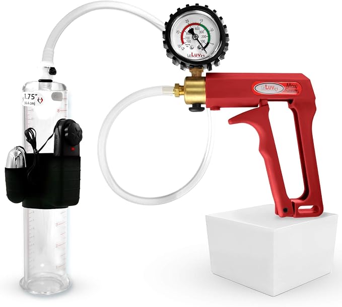 LeLuv Vibrating Penis Pump Maxi Red Handle + Protected Gauge and Clear Hose - 9 inch Length x 1.75 inch Diameter Cylinder