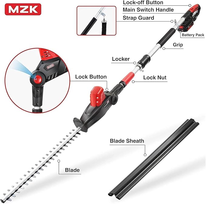 MZK 20V MAX 23-inch Cordless Pole Hedge Trimmer Attachment, 8-Feet Reach, Electric Hedge Trimmer with Extension Pole, Multi-Angle, for Garden Lawn Trimming(Two Batteries and Charger Included)