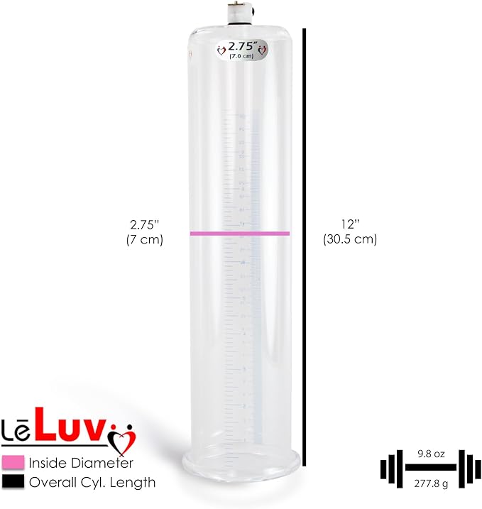 LeLuv Penis Pump Maxi Red Handle + Protected Gauge - Bundle with Clear Hose, Silicone Donut Seal - 12 inch Length x 2.75 inch Diameter Cylinder