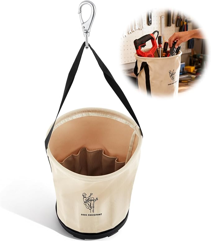 Heavy Duty Tool Canvas Bucket 12 x 12 x 9'' Tapered Wall Bucket Bag with 14 Inner Pockets, Thickened 14 Ounce Canvas, Plastic Bottom High Weight Load Capacity up to 100 Lbs (Printed)