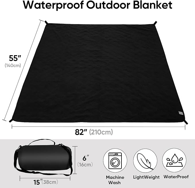 Waterproof Camping Blanket w/Fleece Lining, Large Stadium Blankets for Outdoor Cold Weather, Windproof Emergency Throw, LightWeight and Warm for Hiking, Dog, Picnic, Washable, 55”X 82” (Black, 1PCS)