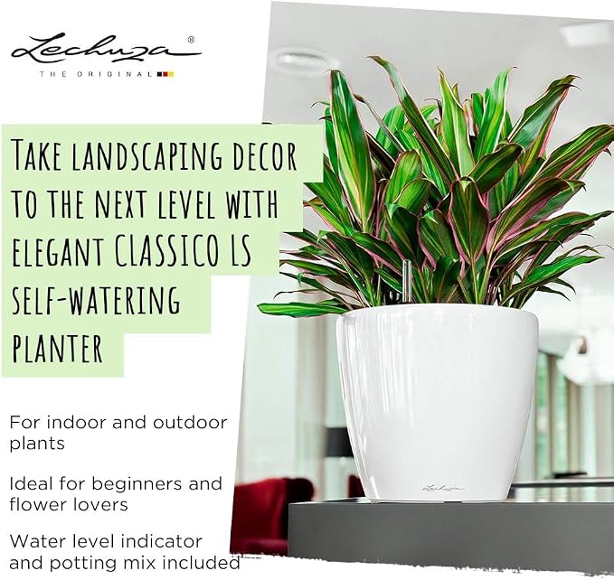 Lechuza Classico LS 43 Black High Gloss, Self-Watering Round Planter, D16.9 H15.7 in
