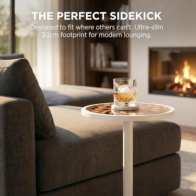 White Drink Table with Amber Tempered Glass Top, Indoor Outdoor Small Round Side Table, 24.7" Metal Pedestal End Table for Living Room, Patio, Sunroom, Boho Mid-Century Modern Decor, Cream