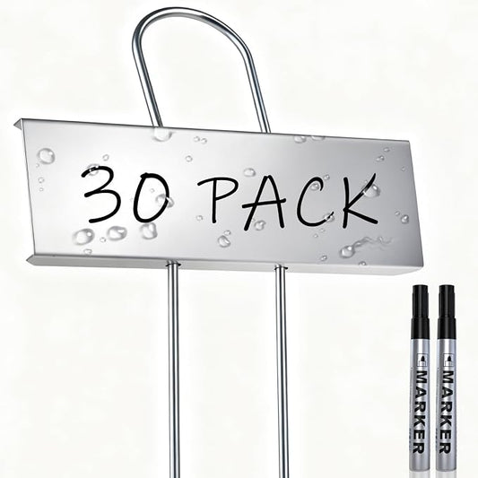 30-Pack Rust-Proof Metal Plant Labels with Galvanized Stakes, Height 10.6" Label Area 3.5"x1.2", Waterproof Weatherproof Garden Markers, Reusable Tags with 2 Pens (Silver)