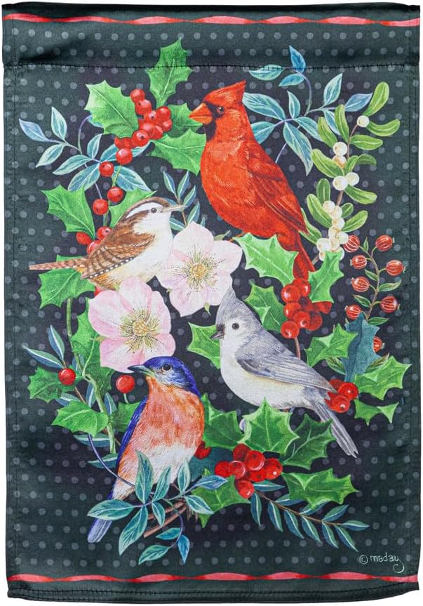 Evergreen Flag Winter Bird Friends Lustre Garden Flag 12x18 Double Sided | Christmas Garden Flag for Outside| Weather and Fade Resistant | Outdoor Flag For Yards and Gardens