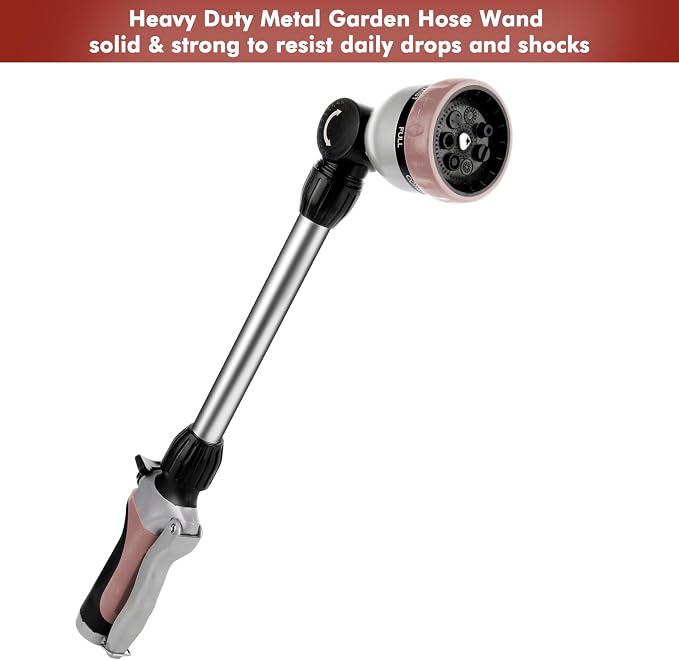RESTMO Metal Watering Wand, Heavy Duty Garden Hose Wand with 180° Swivel Head, 16'' Hose Nozzle Sprayer with 7 Spray Patterns and Flow Control, for Water Hanging Baskets and Shrubs, Rose Gold