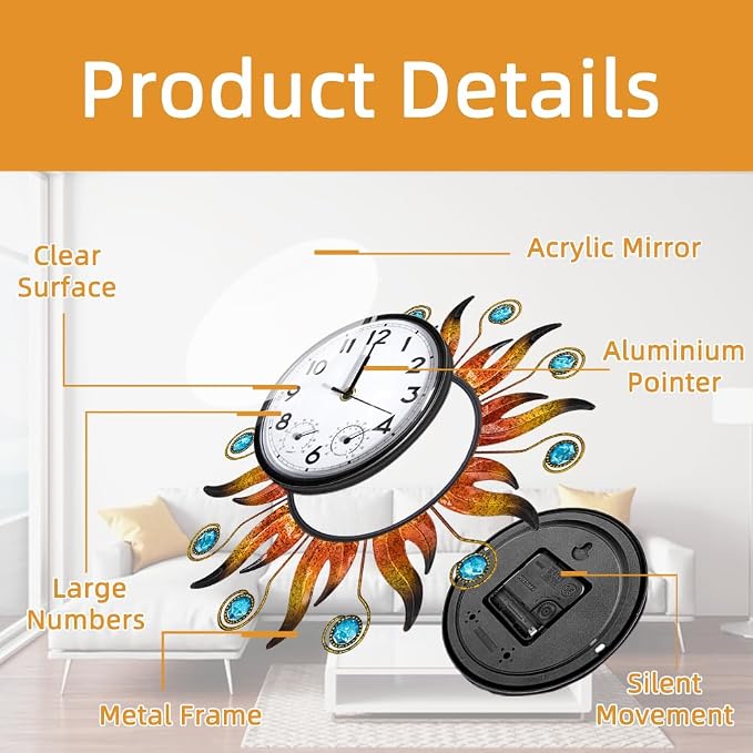 Sun Outdoor Clock with Thermometer and Hygrometer Combo, Silent No-Ticking Outdoor Wall Clock, Waterproof Quartz Clock for Patio, Living Room, Kitchen, Garden, 13 Inch | Silent No-Ticking, Easy to Read, Quartz Clock Waterproof, Decor for Patio, Living ...