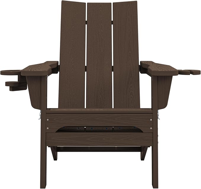 SERWALL Modern Adirondack Chairs Set of 6, Folding Adirondack Chair with Cup Holders, Outdoor HDPE Adirondack Chair for Patio Lawn Garden, Coffee