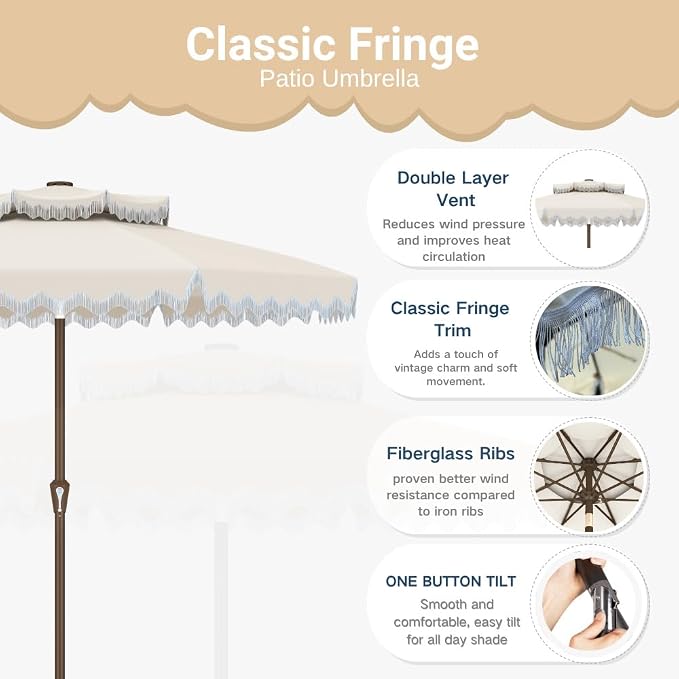 Patiokingdom 9FT Patio Umbrella with Fringe,Tassel Umbrella UPF 50+ & Push-Button Tilt,Rust-Resistant Fiberglass Frame for Pool,Garden,Backyard,Yard (Creamy-white)