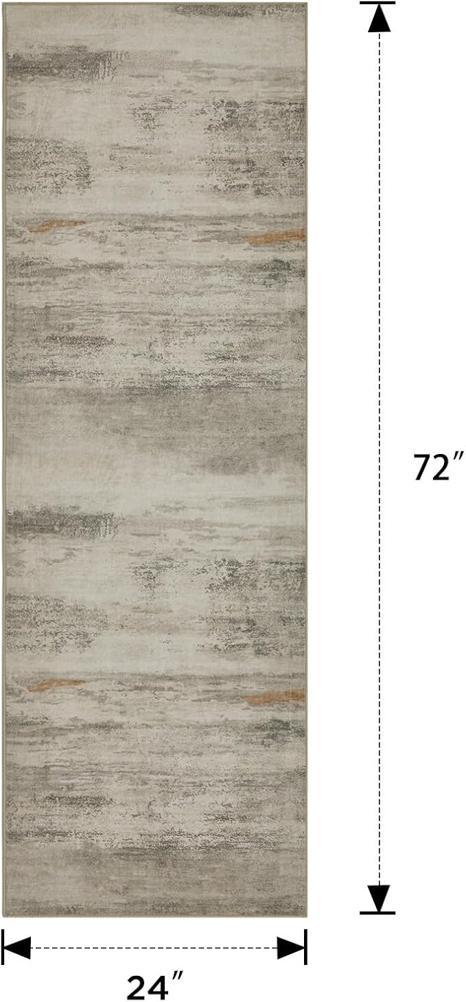 Joydeco 2x6 Modern Abstract Washable Runner Rug – Low Pile Faux Wool with Non-Slip Backing, Neutral Print Carpet Runner for Hallway, Kitchen, Entryway and Bedroom, White&Grey&Brown