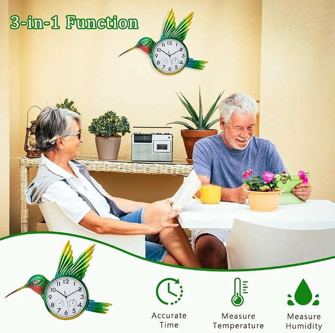 Large Outdoor Clock with Thermometer & Humidity - Silent Non-Ticking, Hummingbird Outdoor Wall Clock for Patio, Garden, Kitchen, Living Room(Green)