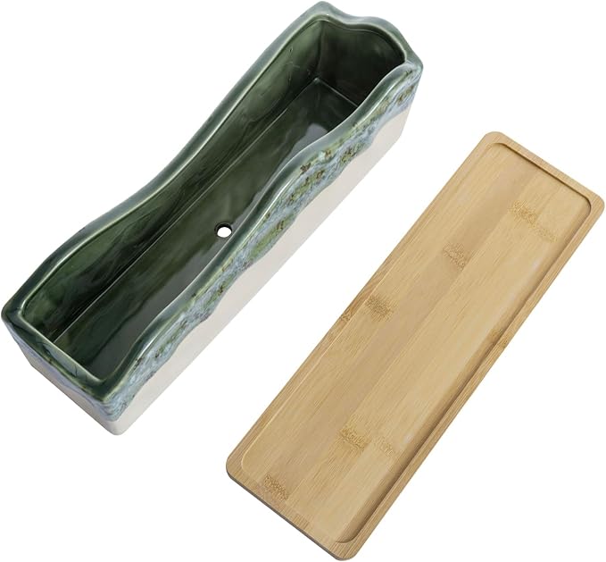 MyGift 13 Inch Large Rectangular Succulent Planter, Decorative Seafoam Green Glazed Beige Ceramic Indoor Plant Container Pot with Removable Bamboo Tray