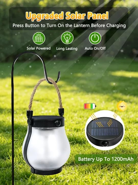 2 Pack Gen2 Solar Lanterns Outdoor Waterproof Hanging Solar Flame Lights | 2 Lighting Modes, USB & Solar Charging, Hanging Hemp Rope, IP65 Waterproof, for Patio Yard Camp Garden Tree Tabletop Decor