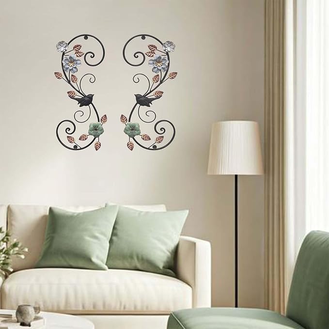 Birminwind 3D Metal Flower Wall Art: 2pcs Vintage Floral Wall Décor with Leaves Bird for Room - 15.16" Black and Gold Iron Decoration Indoor Outdoor