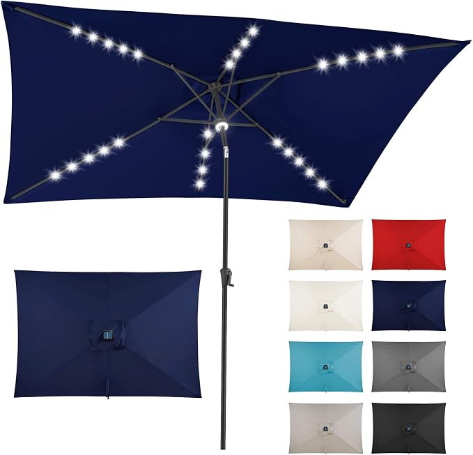 6.5x10 FT LED Lighted Rectangular Solar Patio Umbrella, Rectangular Solar Umbrella Outdoor with Center Ring Light 28 LED Lights, Rectangle Table Umbrella for Deck, Yard, Pool (Navy Blue)