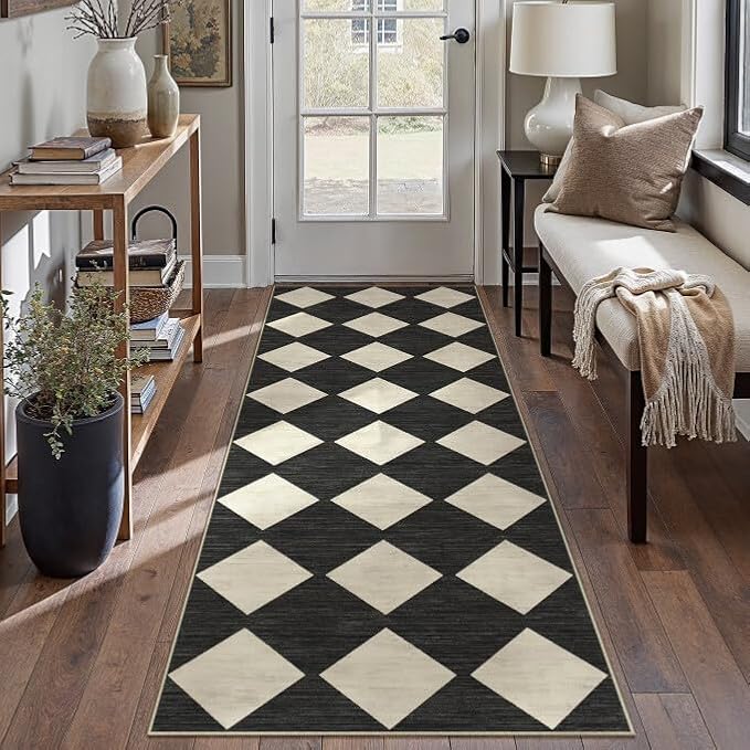Black 3x8 Washable Runner Rug Kitchen Non Slip Checkered Carpet | Soft, Low Pile, Easy Clean, Diamond Pattern, for Hallway, Entryway, Laundry Room, Bathroom, Modern Indoor Decor