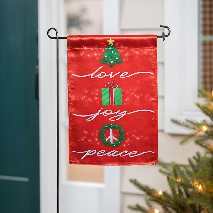 Evergreen Flag Love, Joy, Peace Lustre Garden Flag 12x18 Inches Double Sided | Christmas Garden Flag for Outside | Weather and Fade Resistant | Outdoor Flag For Yards and Gardens