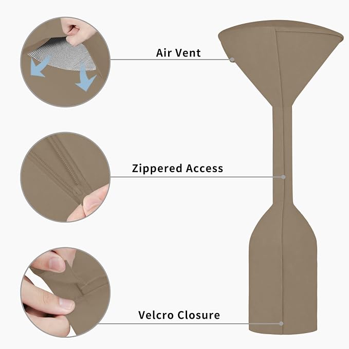 Easy-Going Stand-Up Patio Heater Cover with Zipper and Storage Bag, Waterproof Outdoor Heater Cover Dustproof, UV-Resisant, Wind-Resistant (95"H x 34"D x 19"B, Camel)