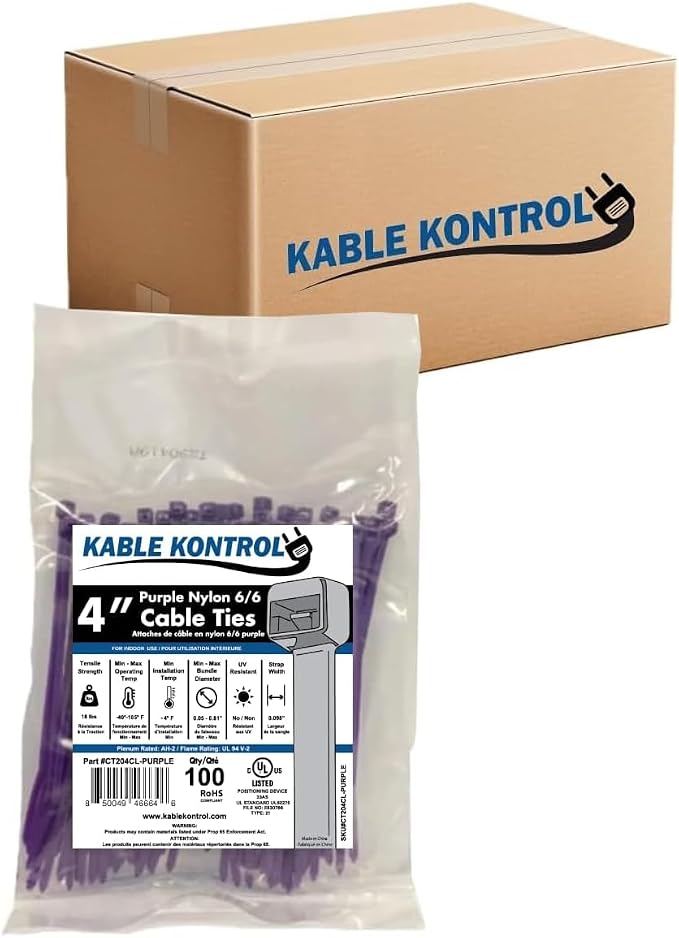 Kable Kontrol Purple Zip Ties 4 Inch 40,000 Pcs, 18 Lbs Tensile Strength, Bulk Pack, Self-locking Nylon Colored Cable Ties Wire Wraps for Indoor or Outdoor Use
