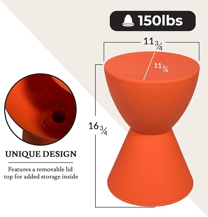 LeisureMod Modern Orange Hourglass Drum Side Table with Storage – Indoor/Outdoor End Table