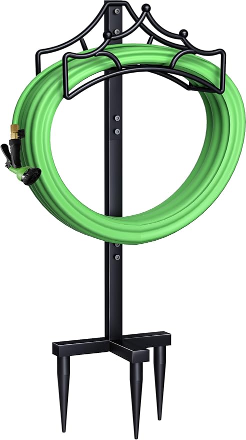 Garbuildman Garden Hose Holder with 3 Spikes, Freestanding Metal Hose Stand for Outdoor Garden, Detachable Hose Storage Rack for Lawn & Yard, Crown Black
