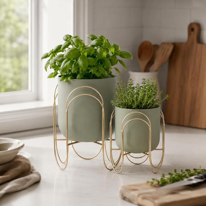 JHY DESIGN Set of 2 Planters with Stand Indoor Outdoor Metal Plant Stand 11.5/8" H Modern Planters Flower Pots for Living Room Corner Kitchen Office Garden Balcony Patio Decor(Green)