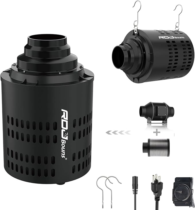 RDJ Bouns Inline Fan with Carbon Filter Kit, Compatible with 4"/5"/6" Ducts,10 Speed Control Recyclable Carbon Filtration, Quiet, Grow Tent, Hydroponics, Indoor Gardening, Pet Room