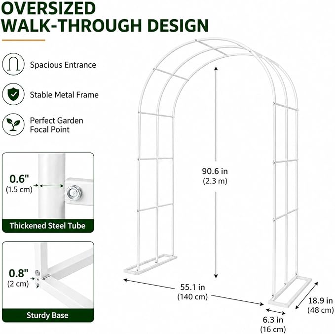 Garden Arch Trellis 55" W x 90" H Metal Arbor for Climbing Plants, Wedding Arch for Ceremony Indoor Outdoor, White Garden Arbor for Party Decoration Backyard Lawn (White, 55" W x 90" H)