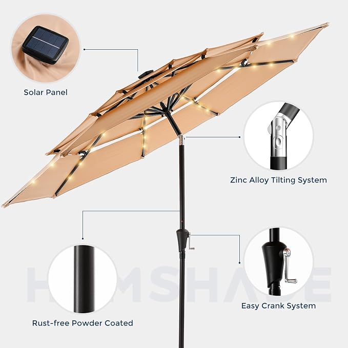 HOMSHADE 3-Tier Patio Umbrella with Solar Lights(Beige,No Base) | 5-Year Fade Resistant;32 LED Lights;Windproof;8 Thicker Ribs;UPF50+;Pool,Lawn,Garden,Deck