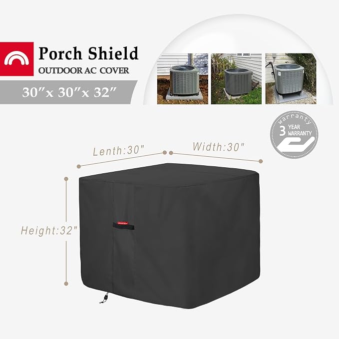 Porch Shield Waterproof AC Covers – Heavy Duty Square Air Conditioner Cover for Outside Unit Up to 30''L x 30'' x 32'', Black