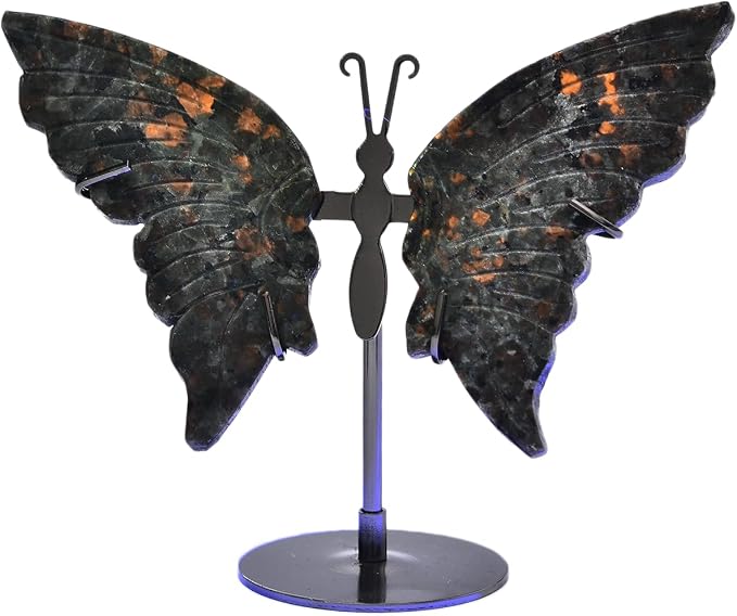 JIC Gem Natural Flame Yooperlite Stone Crystal Butterfly Art Decorative Healing Crystal Slices Carved Angel Wings with Silver Stand Office Home Decor Reiki Gifts (1pair, 10cm)