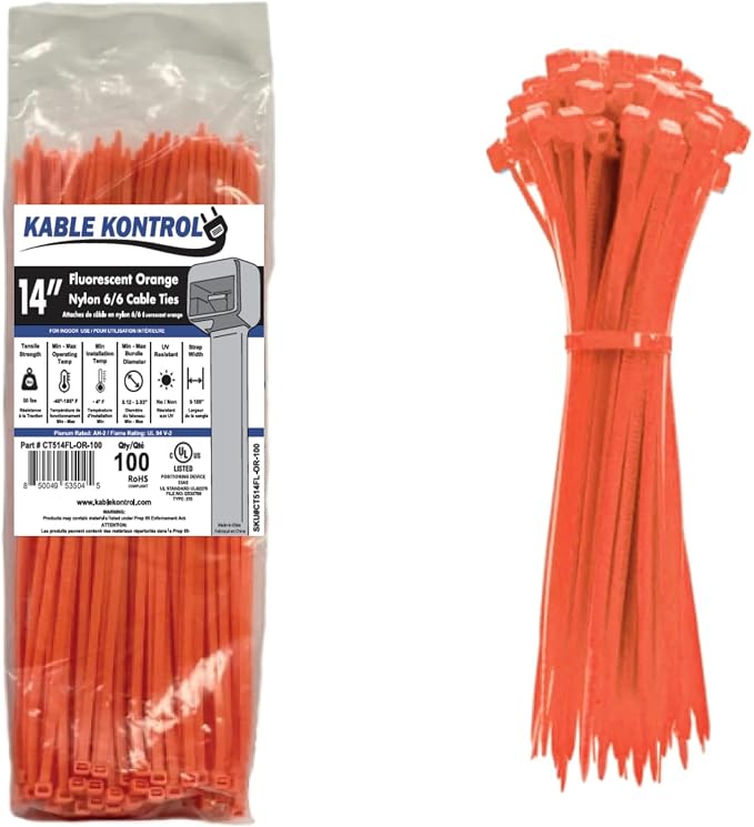 Kable Kontrol Fluorescent Orange Zip Ties 14 Inch 100 Pcs, 50 Lbs Tensile Strength, Self-locking Nylon Colored Cable Ties Wire Wraps for Indoor or Outdoor Use…