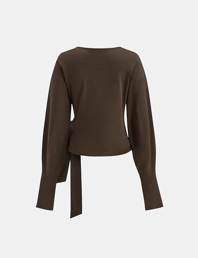 Dsewpaur Twist Knot Tie Front Sweatshirt Tops For Women Long Balloon Sleeve Crew Neck Pullover Casual Fall Outfits