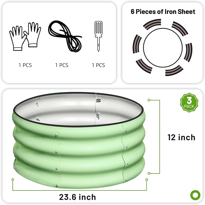 SnugNiture 3 Pcs 2x2x1ft Round Galvanized Raised Garden Bed Kit Outdoor, Metal Planter Box for Planting Plants Vegetables, Green