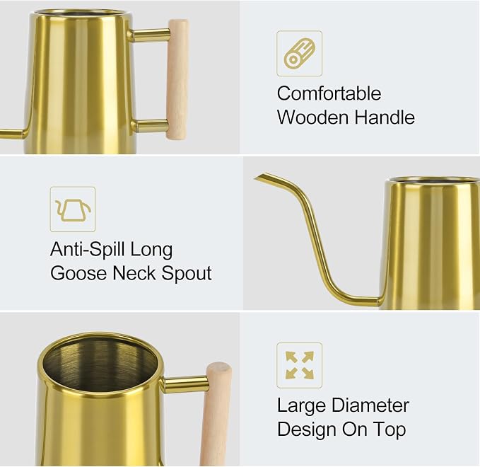 Watering Can Indoor Plants, 35 oz/1000 ml Metal Stainless Steel Watering Can Pot with Long Spout for Indoor House Plants Bonsai Outdoor Garden Flower Decorative (Gold)