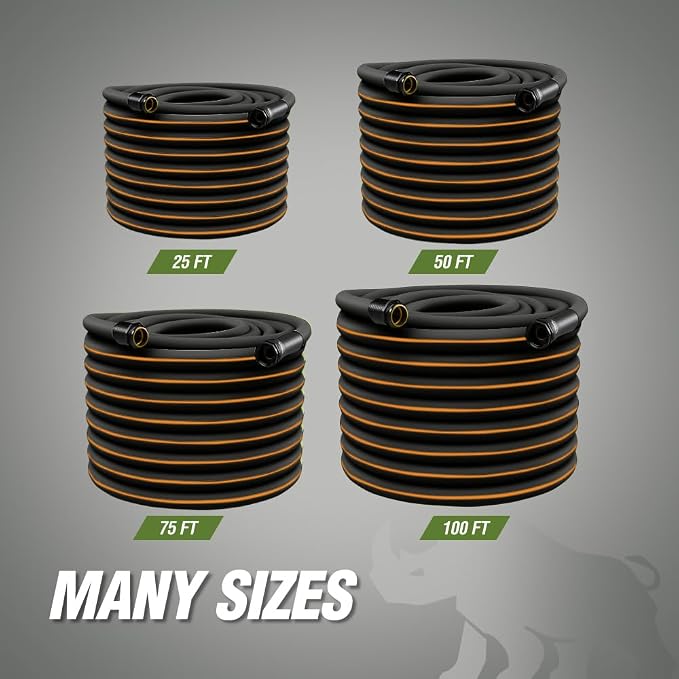 RUGGED RHINO Heavy Duty Garden Hose 100ft x 5/8in, Anti-Kink and Leakproof, Durable 4-Layer Construction, 500 PSI Burst, All Weather Outdoor Watering for Lawn, Garden, Flowers, Black and Orange