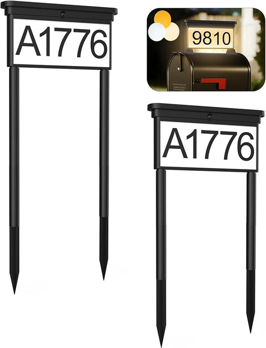 LumiZen New Upgraded Solar Address Sign,Double Sided Glow House Numbers with Auto On/Off, 3-Color Lighting Modes Mailbox Number Plaque Waterproof, Dual Stakes for Home Yard Driveway-2pack