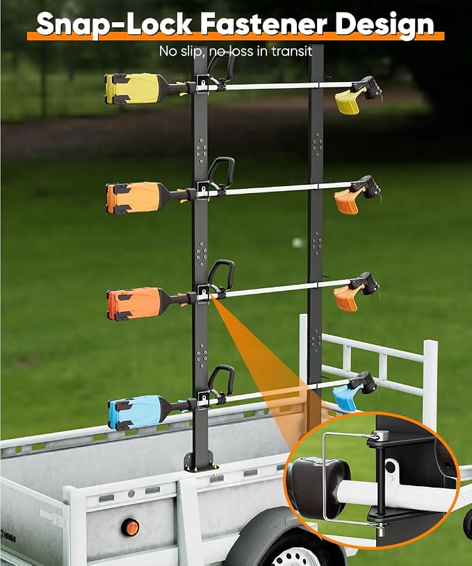 Mondazie 4 Place Weed Eater Rack for Trailer, Utility Open Trailer Trimmer Racks with Lockable Snap Buckle Mount On Landscape Truck Trailer, Weedeater Rack Holder with L-Shaped Base for Lawn Equipment