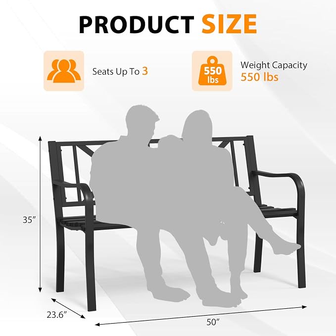 Outdoor Bench Garden Bench, 50" Anti-Rust Patio Bench Clearance, Iron Metal Frame Outdoor Benches Weatherproof for Front Porch, Yard, Lawn, Deck