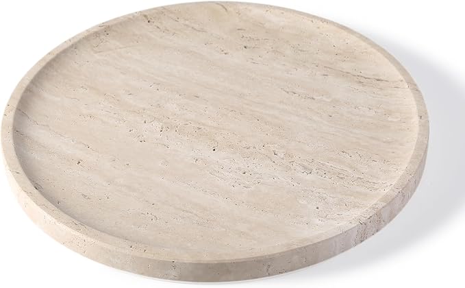 Koville Natural Travertine Tray for Home Decor, 10 Inch Round Serving Tray for Kitchen and Coffee Table, Decorative Marble Bathroom Trays for Counter, Luxury Vanity Tray, Light Beige Stone Tray