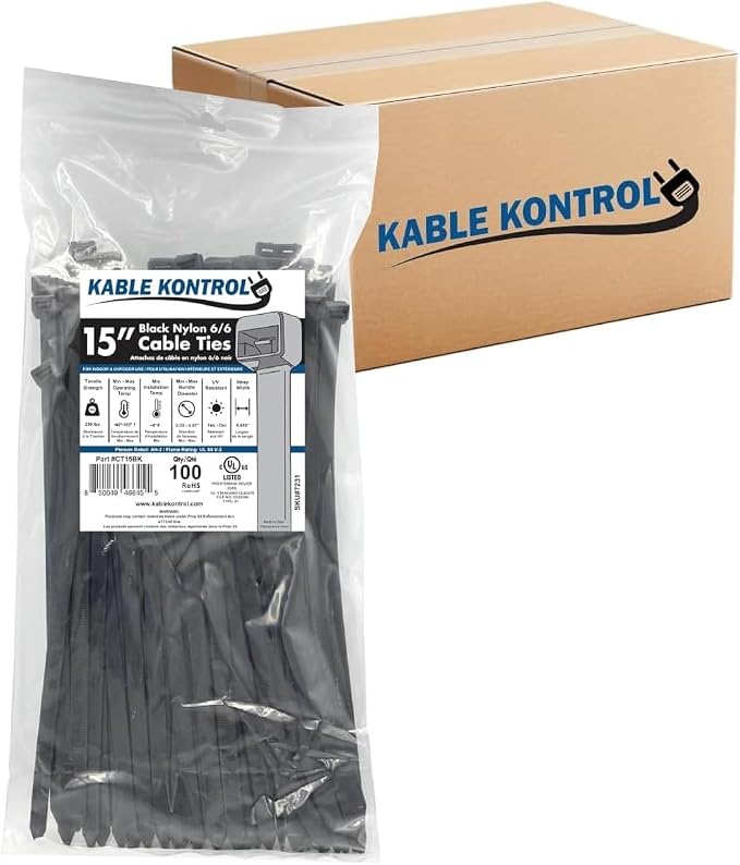 Kable Kontrol Cable Zip Ties Black 1,500 Pcs 15 Inch, 250 Lbs Tensile Strength, Bulk Pack, Self-locking UV Resistant Plastic Nylon Wire Ties, for Indoor or Outdoor Use