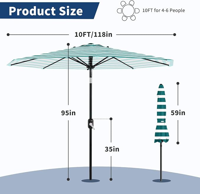 Garvee 10FT Patio Umbrella - Outdoor Table Umbrella with Smooth Crank Lift, Push Button Tilt and 8 Sturdy Ribs - Market Umbrella UV Protection Waterproof for Pool, Deck, Yard, Garden