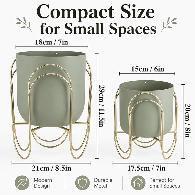JHY DESIGN Set of 2 Planters with Stand Indoor Outdoor Metal Plant Stand 11.5/8" H Modern Planters Flower Pots for Living Room Corner Kitchen Office Garden Balcony Patio Decor(Green)