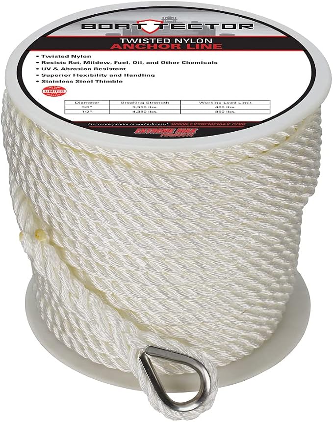 Extreme Max 3006.2306 BoatTector Twisted Nylon Anchor Line with Thimble - 1/2" x 200', White
